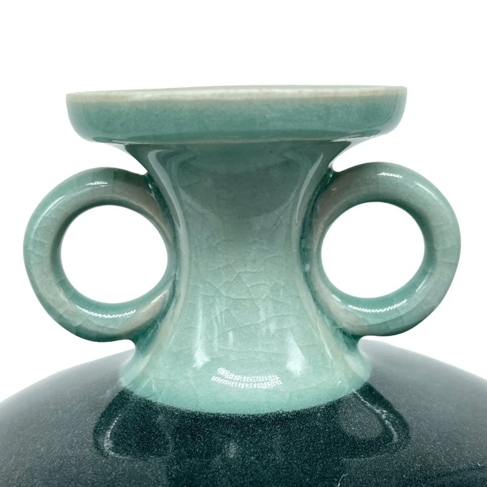 Vtg NIKKO Japan Celadon Crackle Vase Raised Rose Relief Double Handle Pottery 7